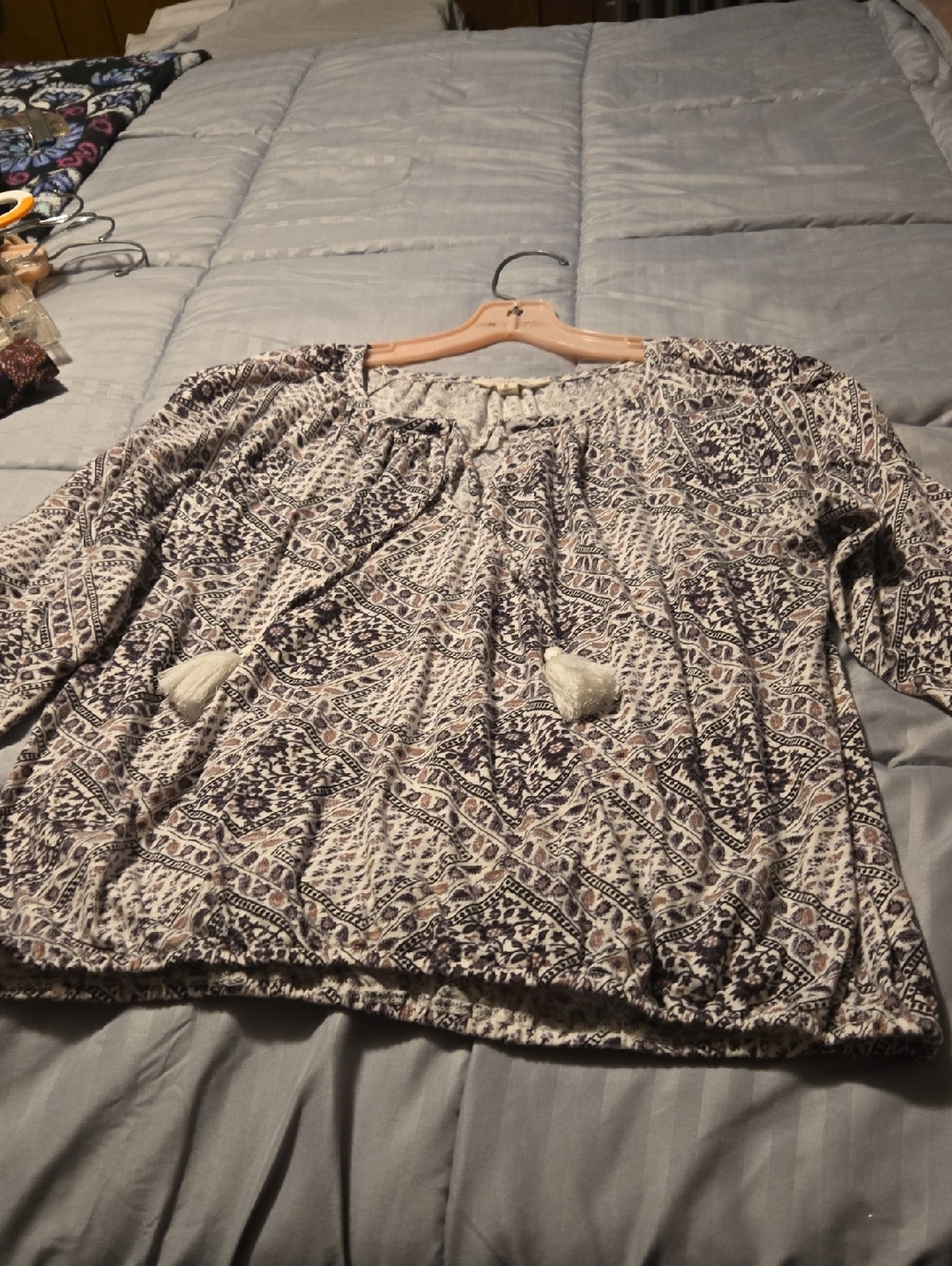 Lucky Brand Cream and Navy Boho Tassel Peasant Blouse